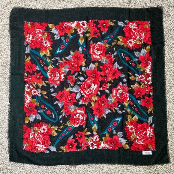 Vintage Worthington Wool Floral Scarf Black Red 35in Square English Countryside - Picture 9 of 9